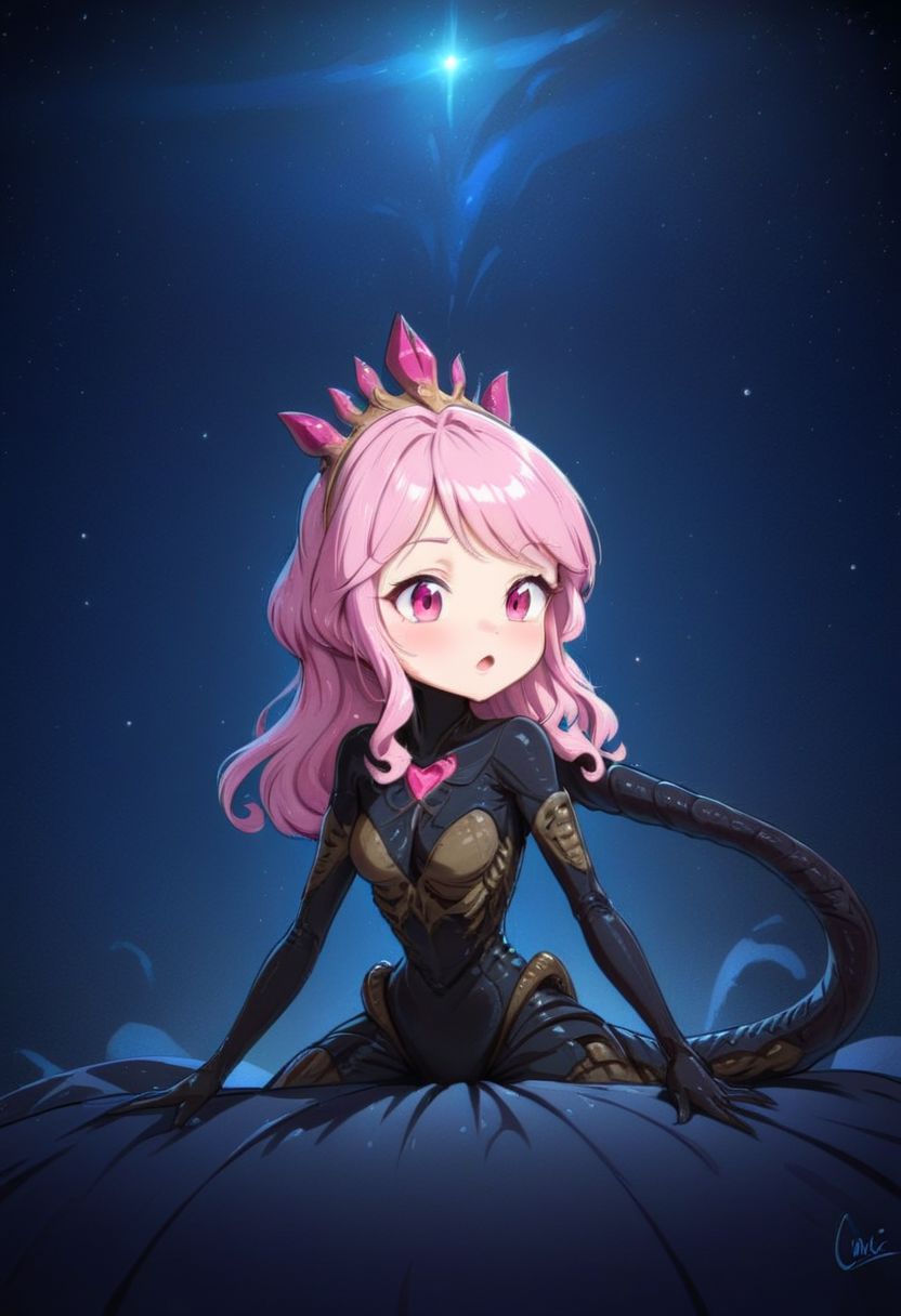 extremely cute xenomorph in space, disney princess, caric art, caricature, beautiful, adorable, 8k, hd, detailed, intricate details