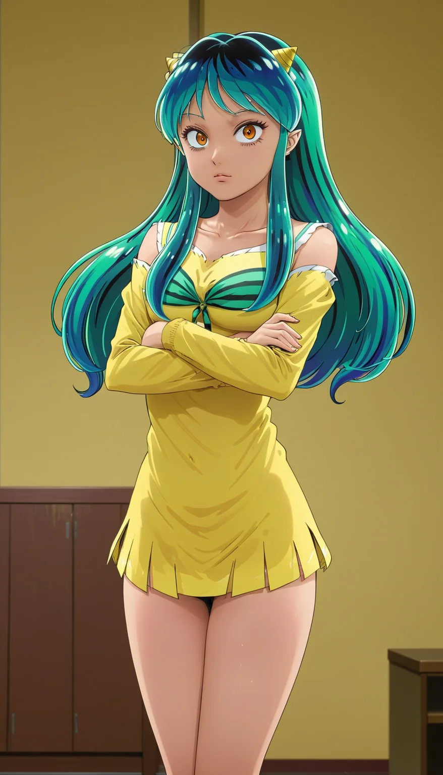 (detailed anime art) of lum standing arms crossed, pout, room background, flat, 2.5d <lora:lum2:0.9>