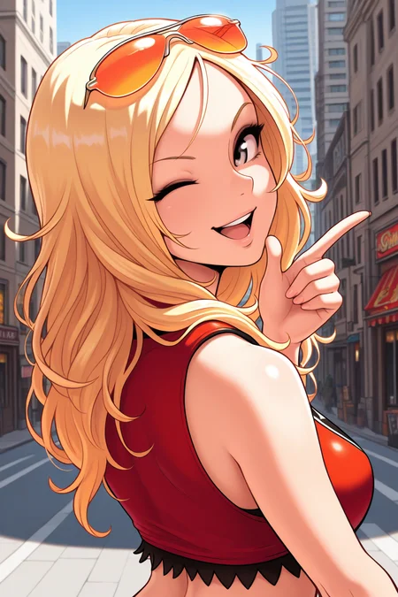 masterpiece, best quality, amazing quality, absurdres, solo, agentstarr, smile, open mouth, from behind, upper body, looking back, one eye closed, wink, long blonde hair, eyewear on head, orange sunglasses, red sleeveless, crop top, outdoors, city, modern, street