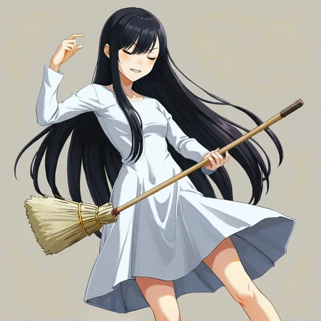 1girl, (yamamura sadako:1.2), black hair, very long hair, straight hair, long bangs,(hair over one eye:1.3), expressionless, black eyes,  white spooky dress, simple dress, long sleeves, (gray skin:1.1), skinny, [barefoot:0.1],(closed eyes:1.3),clenched teeth,  
(air guitar:1.5), holding (broom:1.3), 
[realistic::0.1],
simple background
masterpiece, best quality, very aesthetic, absurdres,
([green] theme:1.1)
<lora:Fixhands_anime_bdsqlsz_V1:1>,<lora:Air_guitar:1>
