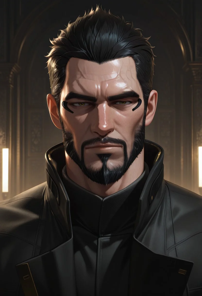 1male, solo, male focus, muscle, mature male, dx_Adam_Jensen, man, cybernetic arms, black coat, indoor background, face portrait, dramatic light, looking at viewer, BREAK masterpiece, best quality, absurdres, newest, perfect quality, best quality, absolutely eye-catching, detailed background, intricate details