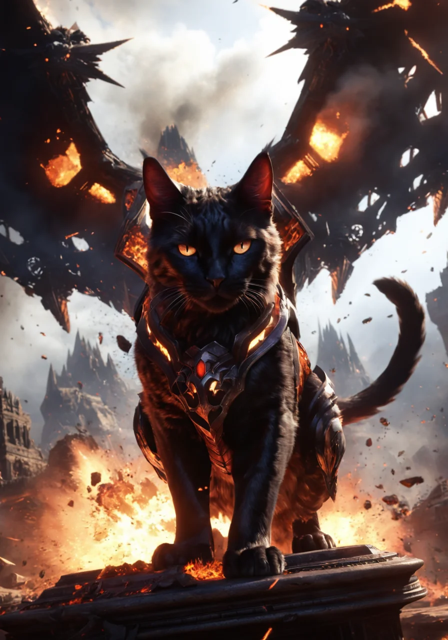 cinewow,deathwing cat,animal,masterpiece,awardwinning,8k,epic,cinematic,trending on artstation, <lora:cinewow-step00000300:0.9>,explosion in the background