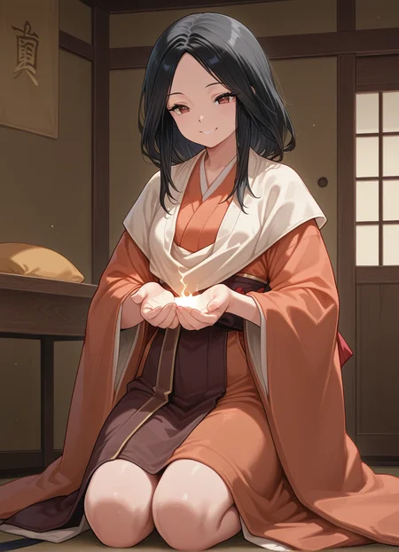 masterpiece, best quality,1girl,indoors, 1girl, smile, black hair, divinechild, japanese clothes, kneeling, <lora:divinechild:0.8>