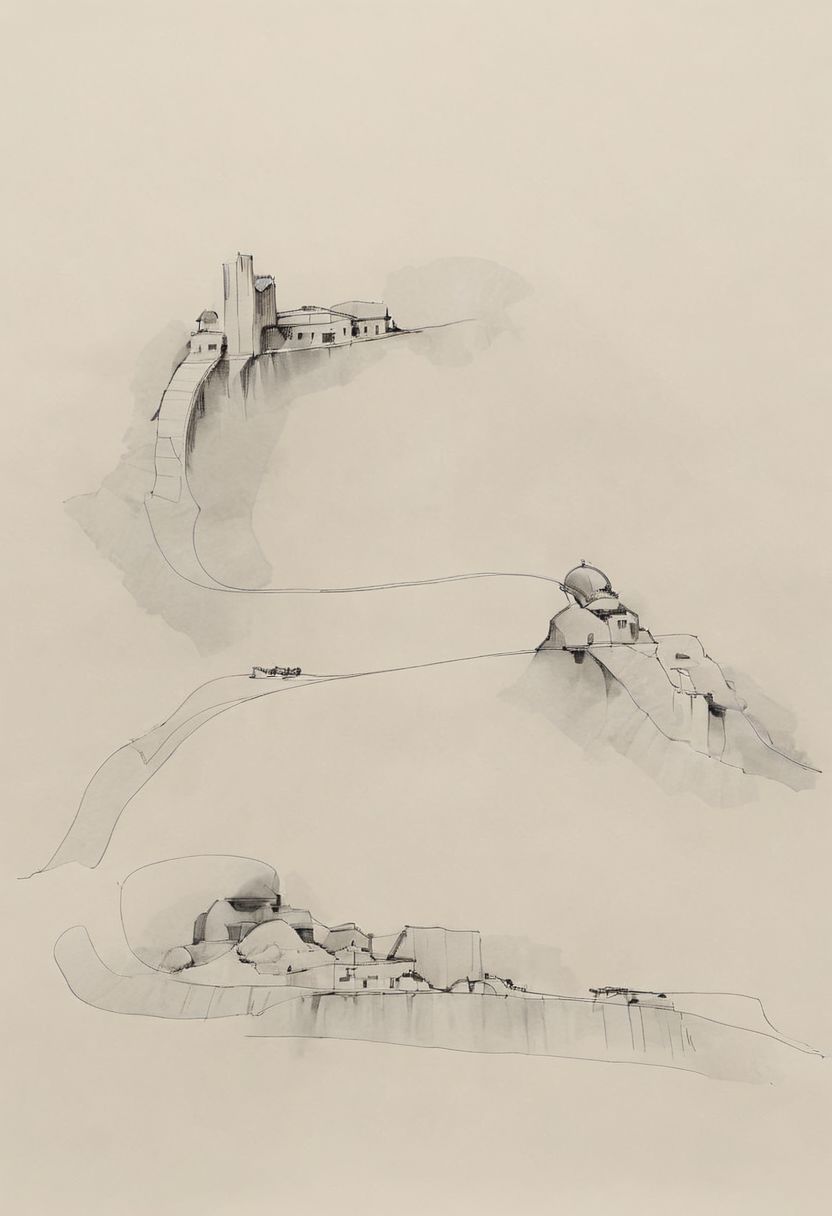 a professional hand sketch of architecture,
(POV view , DOF, first people view from the entrance, low angle shot:1.4),
(Ancient civilization, Alien Prometheus movie scene, dune movie scene:1.5), (The colonial city of the future, in the mist-filled Grand Canyon, on an unknown Earth-like planet, 2 moon on sky, Spaceship flight connects colonies, waterfulls:1.3), (Machu Picchu, a mountain settlement, incredibly spectacular:1.2), (Mario Botta:1.3), (avant-garde, future, reality, science fiction, photorealistic), (modern architecture:1.2), White limestone with black granite, fountain, waterfall, landmark, square, path, narrow street,
(Large Files, Ultra Realistic, 8K, 16k, FHD, HD, VFX, Perfect, Photography, composition, Architecture Sales Photography, Architecture Competition, Ultra High Resolution, Cinematography, High Resolution Image:1.1), (dramatic lighting, direct sunlight, ray tracing, clear shadow:1.2),  (real landscape:1.1), (blurred background:1.0), (urban background, more_details) ,
great lighting, extremely detailed, hillscastel, Neo Classic, Architecture sketch