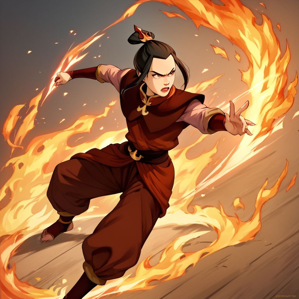 score_9, score_8_up, score_7_up, score_6_up, score_5_up, score_4_up, rating_safe, 1girl, Azula, fighting stance, surrounded by fire