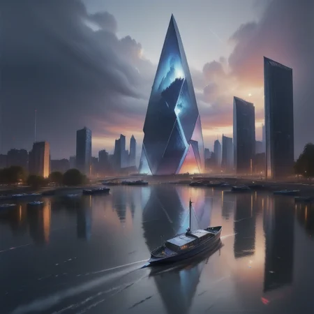 advanced search for solutions, building, fantasy, size difference, jet, ship, city, standing, rain, from behind, complex composition, sunset, cloud, short hair, road, crystal, reflective water, maximum drawing accuracy, best scene solutions, check and correct draw after every step, nature, sky, ambiguous gender, boat, 1other