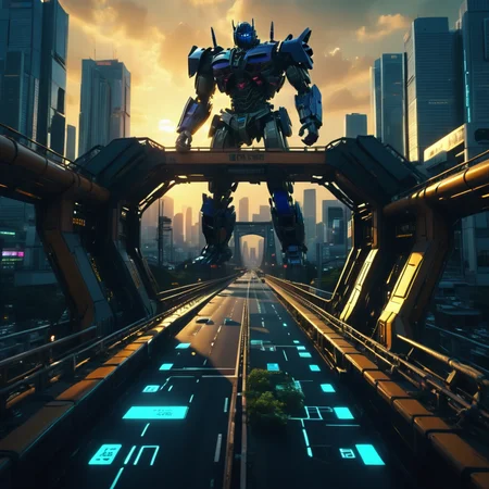 mboard artstyle, futuristic bridge, Transformers, Tokyo, Japan <lora:Motherboard artstyle - trigger is mboard artstyle:1>