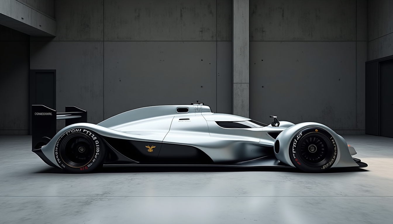 A picture of a futuristic race car prototype similar to a Williams FW14B yfg-sde in a concrete studio with dark walls. Perpendicular shot from the side.