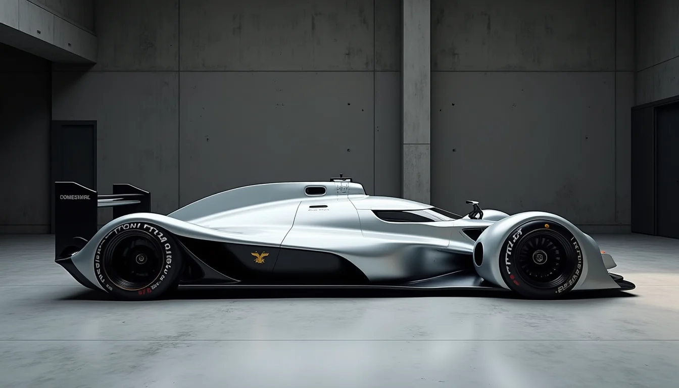 A picture of a futuristic race car prototype similar to a Williams FW14B yfg-sde in a concrete studio with dark walls. Perpendicular shot from the side.