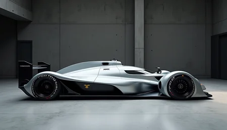 A picture of a futuristic race car prototype similar to a Williams FW14B yfg-sde in a concrete studio with dark walls. Perpendicular shot from the side.