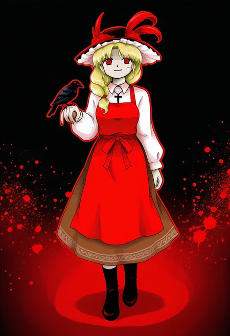 watercolor, aesthetic, colorful, jaggy lines, zun \(style\), BREAK, 1girl, ((dippjacketgirl), mature, older woman, hair over shoulder, leather hat, frilled hat, hat feather, one feather, crow feather, collared shirt, cross necklace, red ribbon, long sleeves, red apron, brown skirt, blonde hair, red eyes, scars on hands), crow on hand, full body, (dark background, glowing eyes, simple background, red monochrome, white splatter background, red outline, jaggy lines, foreshortening)