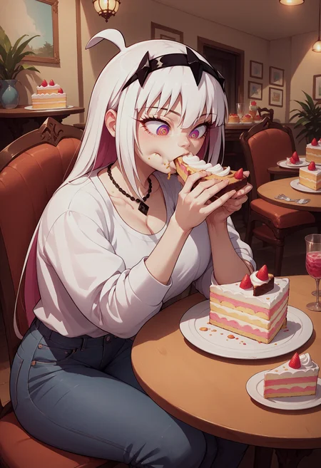 score_9, score_8_up, score_7_up, source_anime, 1girl, Nikusa, ringed eyes, black hairband, necklace, <lora:Nikusa_XLPD_CAME:1>, white shirt, indoors, jeans, table, chair, sitting, food, cake, eating, drink,