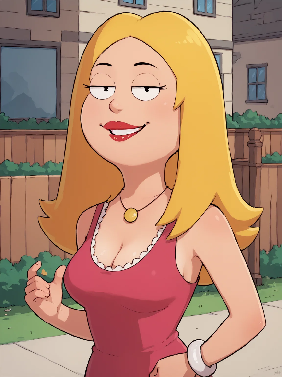 <lora:francinePony20epochs:1> francine,flat color, blonde hair, 1girl, long hair, white braclet, breasts, solo, necklace, cleavage, pink dress, dress, red lips, standing,looking at viewer,outdoors, upper body, breasts, smile, score_9, score_8_up, score_7_up, score_6_up, score_5_up, score_4_up