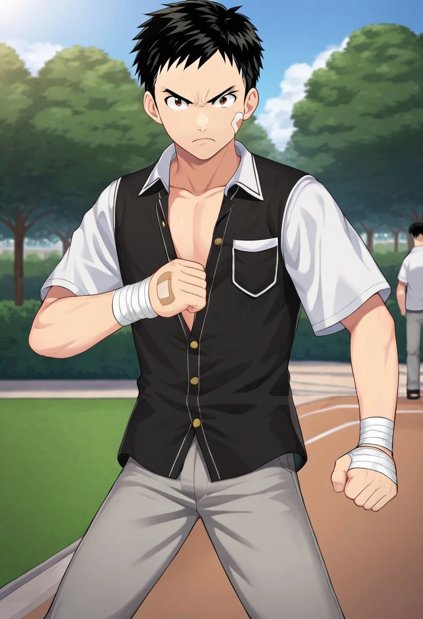 harmard, black hair, short hair, brown eyes, 1boy, solo, solo focus, wear white shirt, unbuttoned shirt, chest pocket, black t-shirt, grey pants, plaster on cheek, bandage on hands, at park, outdoor, fight pose, furious expression