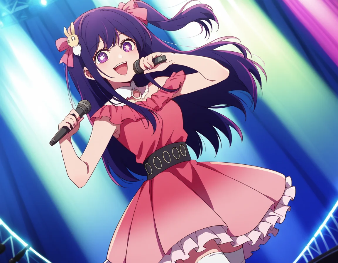 score_9, score_8_up, score_7_up, source_anime,
aihoshino, <lora:ai-hoshino-s1-ponyxl-lora-nochekaiser:1>,
ai hoshino, long hair, bangs, purple eyes, purple hair, symbol-shaped pupils,
one side up, hair ornament, hair ribbon, skirt, thighhighs, white thighhighs, zettai ryouiki, idol, dress, pink dress, sleeveless, pink skirt, frilled skirt, bare shoulders, collar, white collar,
stage, stage lights, microphone, holding microphone, singing, open mouth, smile,
looking at viewer, cowboy shot, dutch angle, solo,