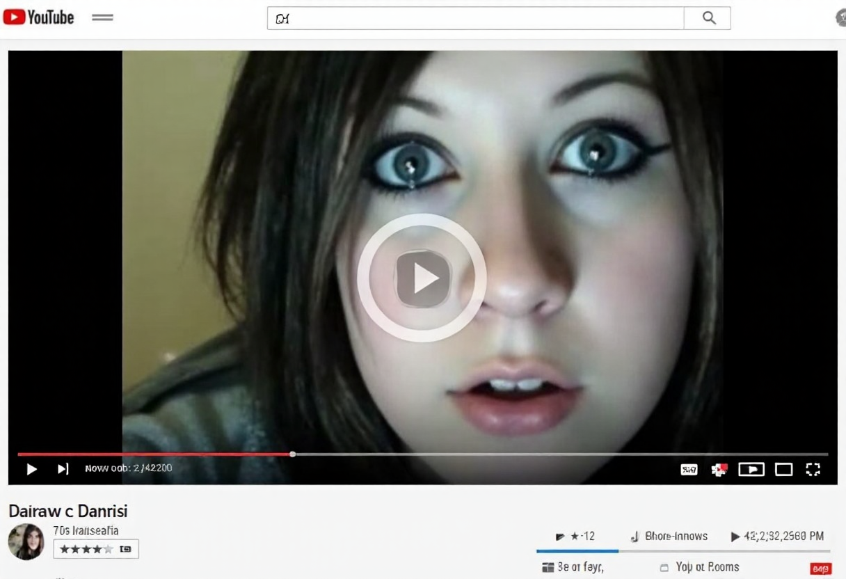 aesthetic2000s, youtube webpage, classic old YouTube window interface, young woman on video, close-up, dark hair, heavy eyeliner, webcam video, online video, social media icons, play button overlay, text overlay, username Danrisi, pixelated, low resolution, internet meme, early 2000s, facial expression, vlogger, nostalgic video, web 2.0 design, rating system, social sharing buttons, grunge aesthetic