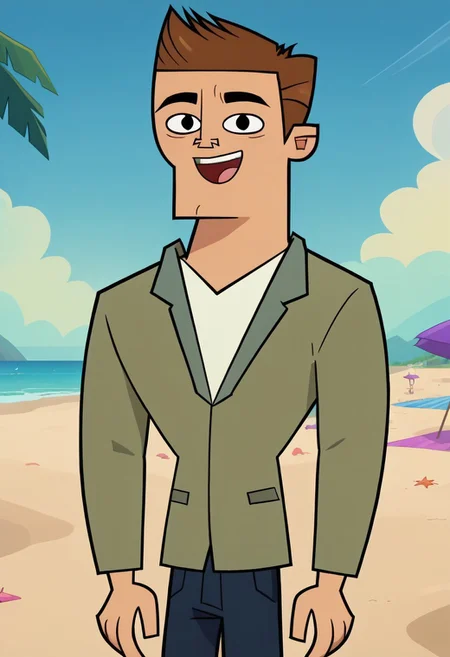 Score_9, cartoon source, toon source, DON, 1boy, solo, Brown hair, black eyes, thin eyebrows, black pupils, round pupils, light green shirt, white shirt, blue pants, happy, beach, blue sky, sunny.
