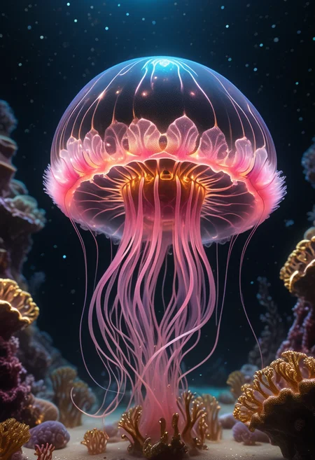 photo RAW, (Black and pink : a ghostly jellyfish, shiny aura, highly detailed, gold filigree, intricate motifs, glowing stardust, perfect composition, smooth, sharp focus, sparkling particles, lively coral reef background Realistic, realism, hd, 35mm photograph, 8k), masterpiece, award winning photography, natural light, perfect composition, high detail, hyper realistic