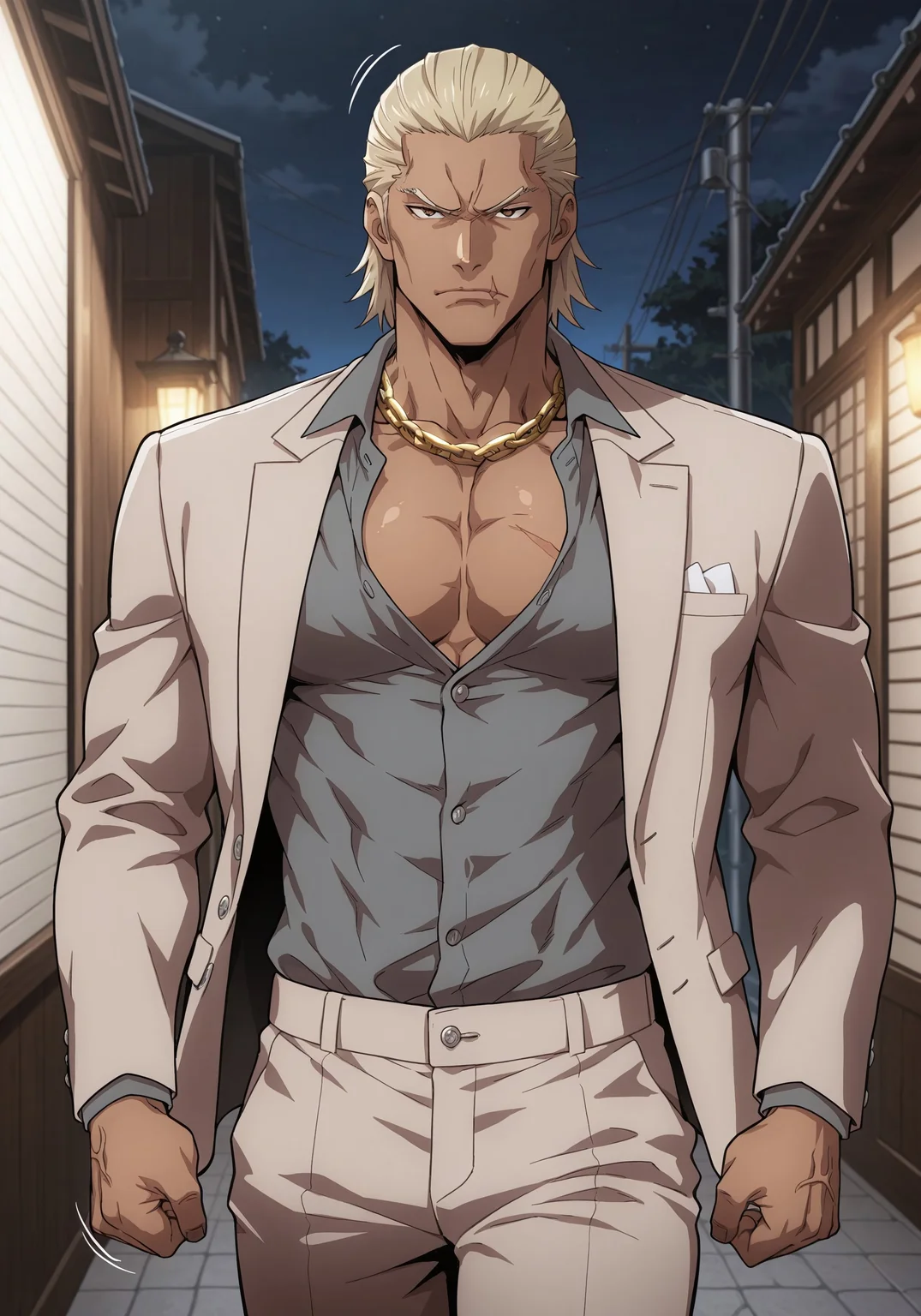 cowboy shot, (solo), 1boy, motion lines, male focus, full-length portrait, standing,
masculine face, daddy looking face, masculine, wrinkle, Villain, thug, bouncer,
Yakuza, Japanese, blonde hair, medium hair, sideburns, slick back hair, Brown eyes, No beard, Inuyashiki, <lora:Inuyashiki-000005:0.4>,
Serious expression,
Light Brown suit, dark grey shirt, suit pants, golden neck chain, elegant man,
toned body, lean body, slim body,
Dark skin, scar on right side of mouth,
Muscled, narrow waist,
detailed face, detailed body, detailed eyes, perfect anatomy,
masterpiece,best quality,amazing quality,
k0n0hanaya, <lora:-Konohanaya-000017:0.6>,
<lora:cfg_scale_boost:0.2>, <lora:add-detail-xl:0.2>, <lora:NAI_QualityV1.1:0.2>,
Outdoors, night club entrance, shinjuku
