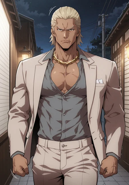 cowboy shot, (solo), 1boy, motion lines, male focus, full-length portrait, standing, 
masculine face, daddy looking face, masculine, wrinkle, Villain, thug, bouncer,
Yakuza, Japanese, blonde hair, medium hair, sideburns, slick back hair, Brown eyes, No beard, Inuyashiki, <lora:Inuyashiki-000005:0.4>, 
Serious expression, 
Light Brown suit, dark grey shirt, suit pants, golden neck chain, elegant man, 
toned body, lean body, slim body,
Dark skin, scar on right side of mouth,
Muscled, narrow waist,
detailed face, detailed body, detailed eyes, perfect anatomy,
masterpiece,best quality,amazing quality,
k0n0hanaya, <lora:-Konohanaya-000017:0.6>,
<lora:cfg_scale_boost:0.2>, <lora:add-detail-xl:0.2>, <lora:NAI_QualityV1.1:0.2>,
Outdoors, night club entrance, shinjuku