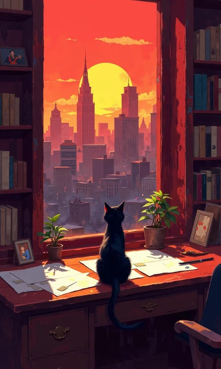 A digital painting of a cityscape at sunset, viewed from an interior window. 
A dark-colored tabby cat sits on a wooden desk in front of the window, facing outward, looking at the city. 
The window is framed by dark-red or burgundy-colored, almost outlined, rectangular borders or frames. 
The cityscape shows tall buildings with varying architectural styles, lit by the vibrant sunset colors, which are predominantly reds, oranges, and some yellows and pinks. A large, bright orange-yellow sun occupies the center of the upper portion of the view, almost directly above the buildings.
A small potted plant sits on the desk near the window, next to the cat.
Sheets of papers are spread out on the desk,  suggesting a workspace or study area. Some drawing tools or art supplies are also visible on the papers.
Bookshelves with various books fill the space near the window.
The overall artistic style is stylized, with accentuated colors and soft edges, giving a dreamy or fantasy-like feel to the scene. The city and the cat are the primary points of focus, creating a peaceful and nostalgic atmosphere
<lora:FLUX-daubrez-DB4RZ-v2:1> DB4RZ, DB4RZ style painting