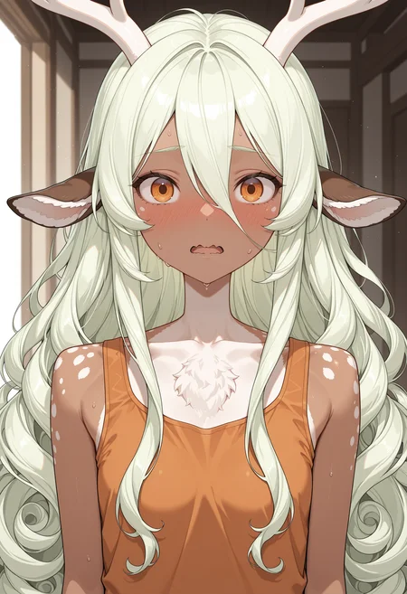 lazypos, 1girl, l1s4hunt3r, upper body, detailed eyes, open mouth, wavy mouth, nose blush, nervous, sweat drop, orange tank top, looking at viewer, straight-on,  <lora:Lisa_Hunter_-_Demihuman_Homocervidae_-_OC:1>