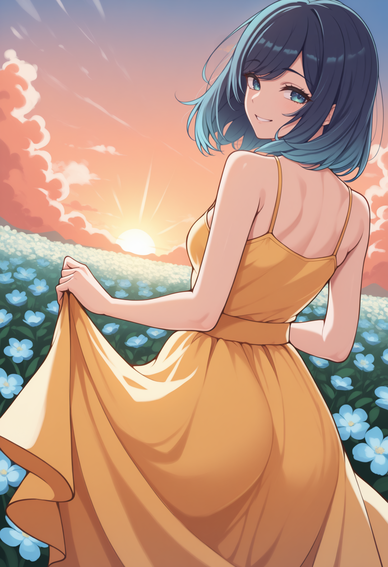 masterpiece, best quality, newest, from behind, solo, 1girl, aknkrkw, smile, looking back, skirt hold, medium hair, gradient hair, blue hair, swept bangs, blue eyes, yellow sundress, spaghetti strap, bare shoulders, outdoors, sunset, cloud, sunlight, flower field
<segment:yolo-face_yolov8m.pt,0.4,0.5//cid=1>