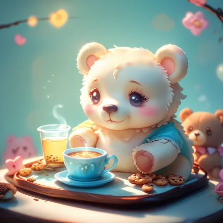 core_9, score_8_up, score_7_up, score_6_up, <lora:ArsMJStyle_-_Cute:1> ArsMJStyle, Cute, Friendly teddy bear having a tea party with stuffed animal friends. Pastel-colored playroom, tiny teacups, plate of cookies. Soft, rounded shapes, warm lighting, gentle expressions.