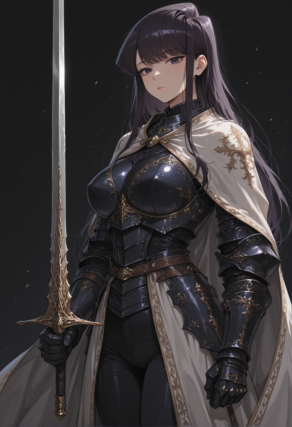 score_9, score_8_up, score_7_up, masterpiece, best quality, very aesthetic, (dynamic:1), highres, detailed, komi shouko, 1girl, solo, long hair, black hair, purple eyes, looking at viewer, needle knight armor, armor, (big breasts, natural breasts:1.1), (saggy breasts:0.8), white cape, gloves, gauntlets, black pants, holding sword, sword, leda sword, black background
<lora:Needle_Knight_Leda_-_Maly007_lora:0.75>::0.3