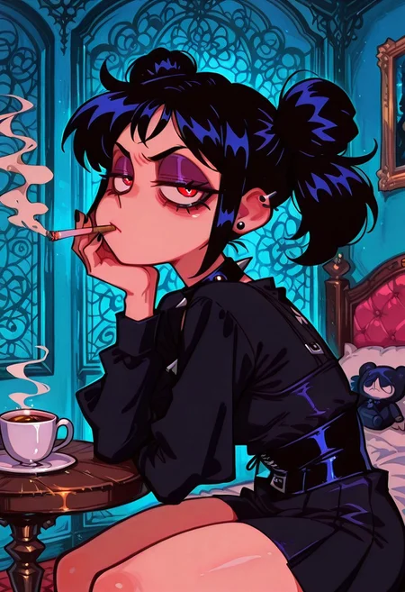 IllustriousQual, masterpiece, best quality, amazing quality, very aesthetic, absurdres, 1girl, solo,
(((Gothic bedroom))),
solo, ((having coffee))), ((smoking)), black nail polish, sitting, coffe table, looking at viewer,, (annoyed), bored, lowered eyelids,red eyes,
<lora:ValbunStyle-IL:0.9> valbun, source_anime, twintails, goth, spiked collar, black hair, ear piercings, (\(sailor moon\):0.9) (tsukino usagi:0.9), side view