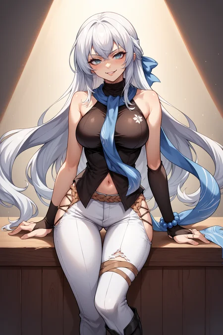 score_9, score_8_up, score_7_up, , rating_general ,1girl ,szncs, long hair, sidelocks tied back, blue hair bow, blue scarf,  sleeveless turtleneck, black bridal gauntlets, bead bracelet, rope belt, hip vent, torn pants, single pantsleg, thigh strap, black boots,  source_anime, <lora:ShizunaRemMisurugiPDCAMEq1v1.1 Eiyuu Densetsu:1>, cowboy shot,  abstract, spotlight, naughty face, alluring, indoors, shiny skin, bare arms, bare shoulders,
