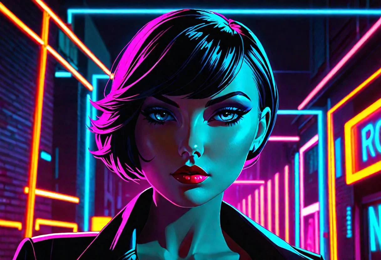 Generate a captivating image that embodies 'Neon Noir' with a contemporary allure. Picture a noir-inspired scene set in a nighttime urban environment, saturated with neon lights. Introduce a central figure a beautiful, confident woman into the composition. Illuminate her surroundings with the interplay of shadows and vibrant neon colors, creating a mesmerizing contrast that enhances the modern noir atmosphere. Ensure that her presence exudes a sense of mystery and sophistication, adding a layer of intrigue to the dynamic urban setting. Craft a visually compelling narrative that combines the timeless allure of noir with the electric vibrancy of neon lights, making the beautiful girl a focal point in this stylish and atmospheric scene.