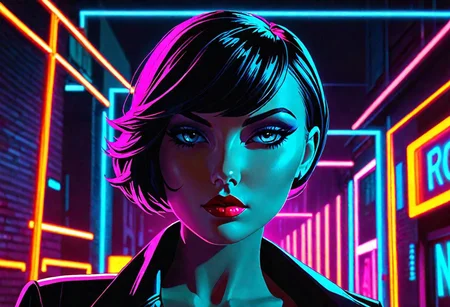 Generate a captivating image that embodies 'Neon Noir' with a contemporary allure. Picture a noir-inspired scene set in a nighttime urban environment, saturated with neon lights. Introduce a central figure a beautiful, confident woman into the composition. Illuminate her surroundings with the interplay of shadows and vibrant neon colors, creating a mesmerizing contrast that enhances the modern noir atmosphere. Ensure that her presence exudes a sense of mystery and sophistication, adding a layer of intrigue to the dynamic urban setting. Craft a visually compelling narrative that combines the timeless allure of noir with the electric vibrancy of neon lights, making the beautiful girl a focal point in this stylish and atmospheric scene.