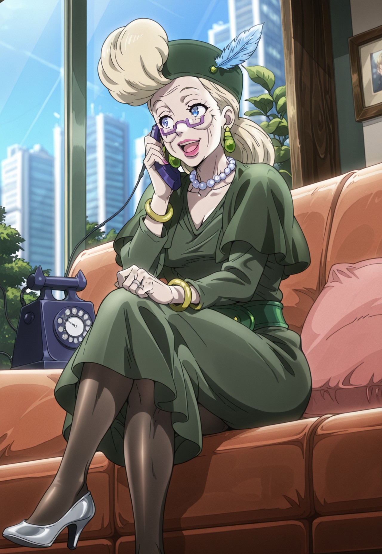 (masterpiece, amazing quality, best quality, anime coloring,detailed),very aesthetic, illustration, perfect composition, intricate details, absurdres, incredibly absurdres, (((1girl,solo,OldSuziQ, Blonde Hair, Blue Eyes, Pink Lipstick, Purple Glasses, Green Earrings, Mature,Dark Green Hat, Blue Hat Feather, Pearl Necklace, Dark Green Shawl, Dark Green Dress, Forest Green Belt, Gold Bracelets, Silver Wedding Ring, Dark Pantyhose, High Heels,perfect face,detailed eyes))),full body,sitting,sitting with legs crossed,on couch,holding blue telephone,on phone call,looking to left,happy,open mouth,holding hand out,indoors, apartment, window, city background