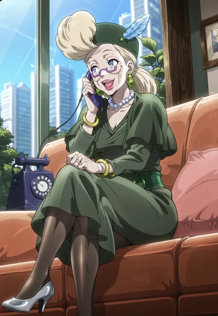 (masterpiece, amazing quality, best quality, anime coloring,detailed),very aesthetic, illustration, perfect composition, intricate details, absurdres, incredibly absurdres, (((1girl,solo,OldSuziQ, Blonde Hair, Blue Eyes, Pink Lipstick, Purple Glasses, Green Earrings, Mature,Dark Green Hat, Blue Hat Feather, Pearl Necklace, Dark Green Shawl, Dark Green Dress, Forest Green Belt, Gold Bracelets, Silver Wedding Ring, Dark Pantyhose, High Heels,perfect face,detailed eyes))),full body,sitting,sitting with legs crossed,on couch,holding blue telephone,on phone call,looking to left,happy,open mouth,holding hand out,indoors, apartment, window, city background