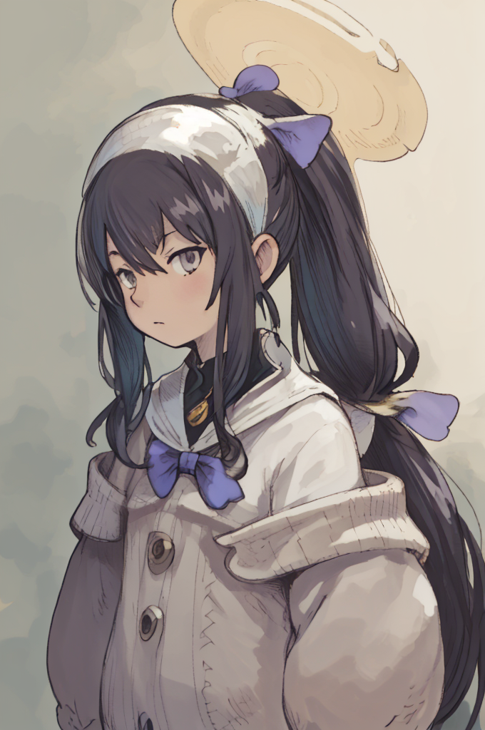 (Yoshida_Akihiko_PonyXL_style_v02.10.01:), ui (blue archive),purple eyes, bags under eyes,high ponytail,long hair,black hair,hairband,hair ribbon, halo,cardigan, (Bravely Default Style), yoshida akihiko, <lora:pony\char\game\ba\ui_blue archive_PONY_last.safetensors>, <lora:pony\style\Yoshida_Akihiko_PonyXL_style_v02.10.01.safetensors>, <lora:styles\yoshida_akihiko_offset.safetensors>, <lora:styles\BravelyDefault.safetensors>, <lora:char\anime\konosuba\Yunyun.safetensors>, <checkpoint:[Pony] prefectPonyXL_v10.safetensors>, <checkpoint:[SD15] tfmCutesyAnime2_genesis.safetensors>