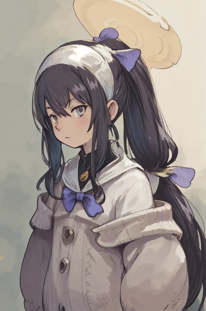 (Yoshida_Akihiko_PonyXL_style_v02.10.01:), ui (blue archive),purple eyes, bags under eyes,high ponytail,long hair,black hair,hairband,hair ribbon, halo,cardigan, (Bravely Default Style), yoshida akihiko, <lora:pony\char\game\ba\ui_blue archive_PONY_last.safetensors>, <lora:pony\style\Yoshida_Akihiko_PonyXL_style_v02.10.01.safetensors>, <lora:styles\yoshida_akihiko_offset.safetensors>, <lora:styles\BravelyDefault.safetensors>, <lora:char\anime\konosuba\Yunyun.safetensors>, <checkpoint:[Pony] prefectPonyXL_v10.safetensors>, <checkpoint:[SD15] tfmCutesyAnime2_genesis.safetensors>