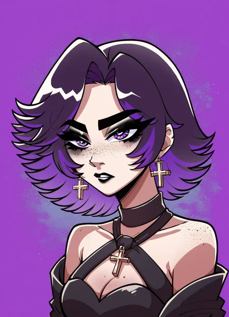 (masterpiece), (best quality), (ultra-detailed), 	score_9,score_8_up,score_7_up,score_6_up, source_cartoon, afs_ksusha, 1girl, eye contact, black eyeshadow, black eyebrows, black lipstick, black freckles around nose, cross earrings, purple detailed eyes, short spiky hair, bangs, dark purple hair, purple gradient h, illustration, disheveled hair, detailed eyes, perfect composition, moist skin, intricate details, earrings, by wlop, 	score_9,score_8_up,score_7_up,score_6_up, source_cartoon, afs_ksusha, 1girl, eye contact, black eyeshadow, black eyebrows, black lipstick, black freckles around nose, cross earrings, purple detailed eyes, short spiky hair, bangs, dark purple hair, purple gradient h, full color, determined, beautiful, delicate, intricate, elegant, confident, passionate, vibrant, dramatic, background, illuminated, highly saturated colors, cinematic, extremely aesthetic, lush, enhanced quality, light, very inspirational, innocent, artistic, loving, epic, singular, rich deep vivid colorful coherent fantastic, outstanding, incredible, romantic, wonderful