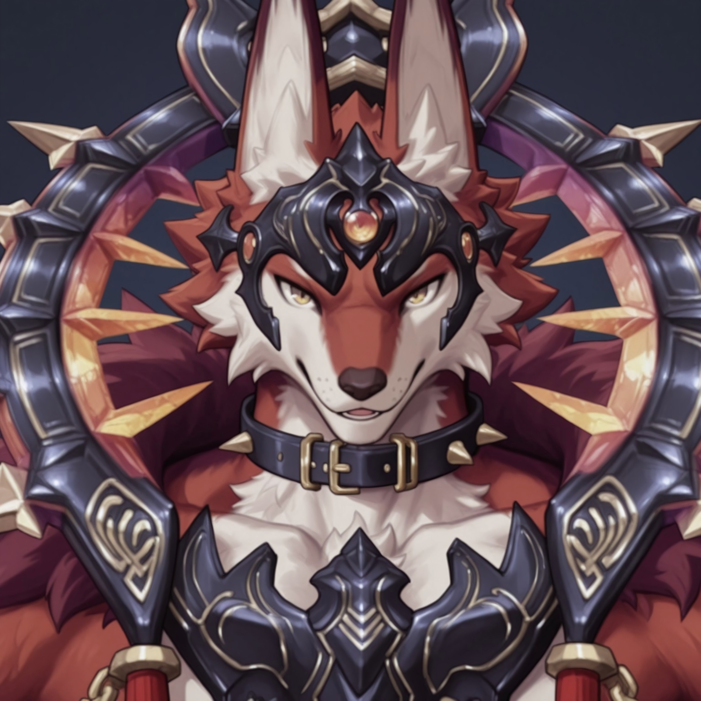 score_9, score_8_up, score_7_up, score_6_up, score_5_up, score_4_up, high quality, (detailed eyes:1.5), (detailed face), ((perfect face)), master piece, best high quality, ultra details, intricate details, male focus, detailed body, detailed background, perfect anatomy, masterpiece, high quality, best quality, amazing quality, very aesthetic, absurdres, muscular male, muscular, masculine, anthro fox, AncientBeastKing, black armor, red fur, white fur, (((portrait))), black collar, spike collar