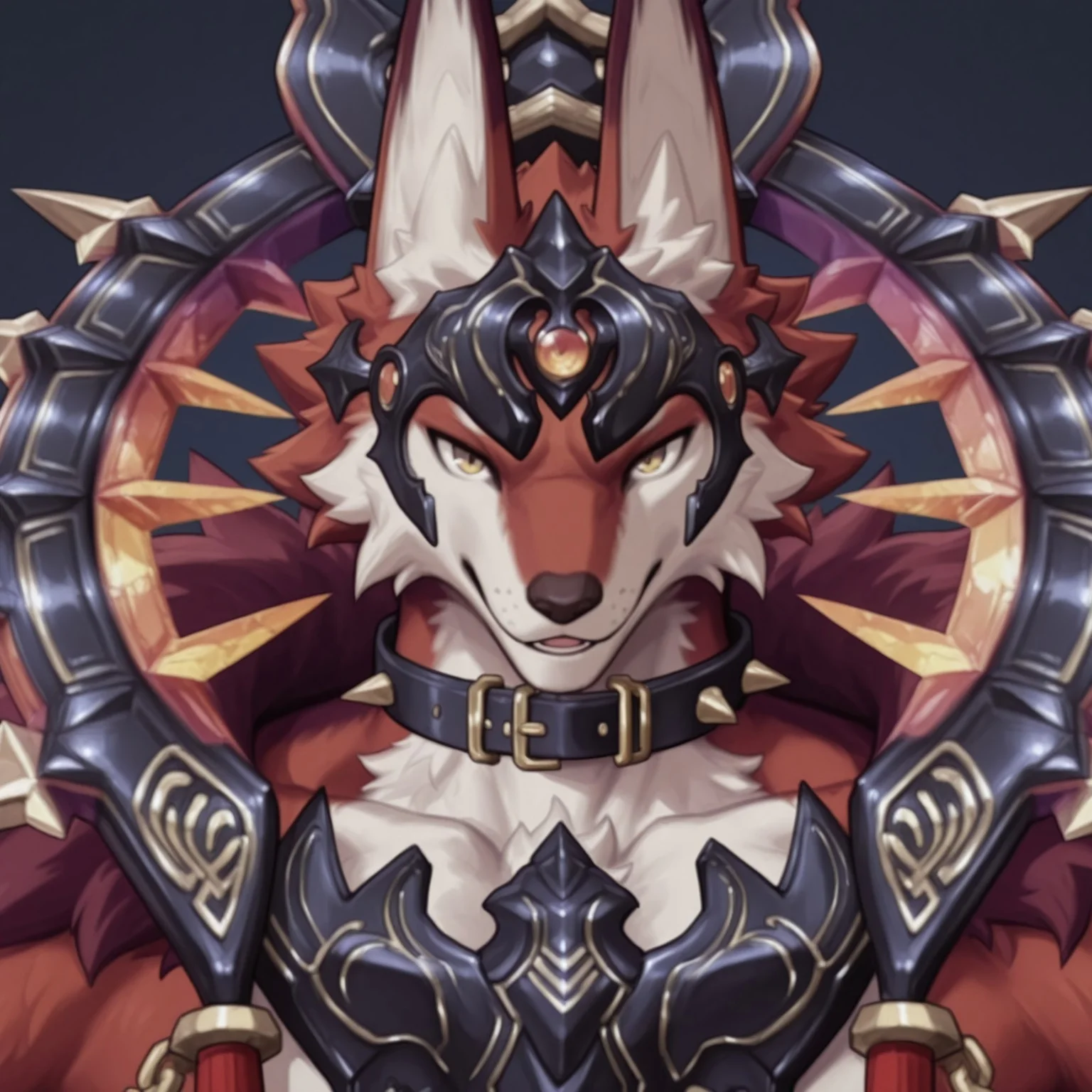 score_9, score_8_up, score_7_up, score_6_up, score_5_up, score_4_up, high quality, (detailed eyes:1.5), (detailed face), ((perfect face)), master piece, best high quality, ultra details, intricate details, male focus, detailed body, detailed background, perfect anatomy, masterpiece, high quality, best quality, amazing quality, very aesthetic, absurdres, muscular male, muscular, masculine, anthro fox, AncientBeastKing, black armor, red fur, white fur, (((portrait))), black collar, spike collar