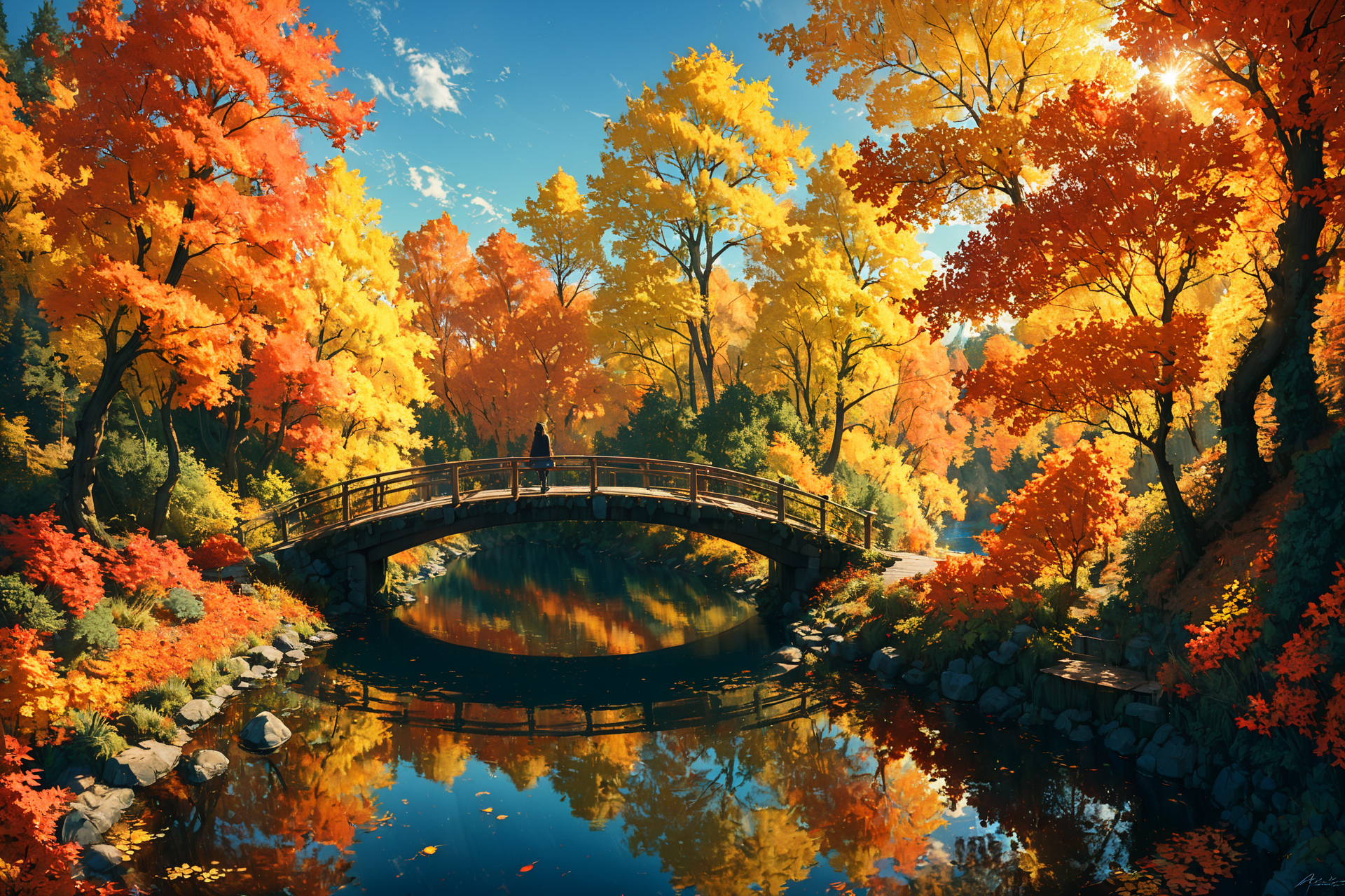 Imagine a serene landscape in the heart of autumn, where the vibrant hues of red, orange, and yellow leaves contrast strikingly against a clear, azure sky. A gentle river meanders through the scene, reflecting the brilliant colors of the trees on its smooth surface. In the foreground, a small wooden bridge arches over the river, inviting onlookers to cross. A solitary figure, clad in a cozy sweater and scarf, stands on the bridge, pausing to take in the breathtaking view. The air is crisp and filled with the subtle scent of falling leaves, creating a sense of peace and tranquility. This picturesque setting captures the essence of autumn's beauty and the reflective mood it inspires.. <lora:Lost_In_Dreams:0.6> <lora:xl_more_art-full_v1:0.6>, (masterpiece:1.2), best quality, (hyperdetailed, highest detailed:1.2), high resolution textures