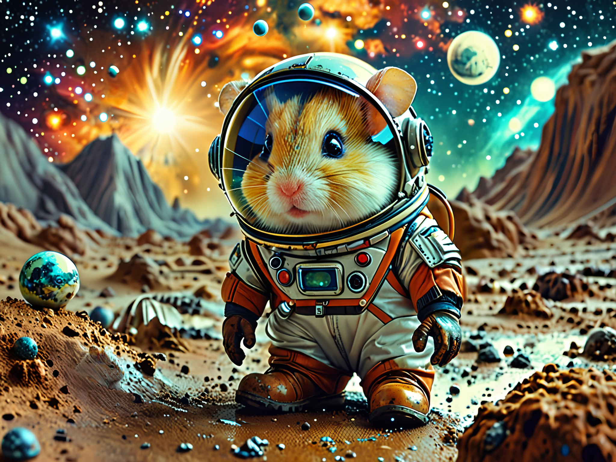 hamster wearing retro=space helmet, gloves and boots on an alien landscape, planets, moon, nebula  <lora:add-detail-xl:1> <lora:MJ52:0.6>