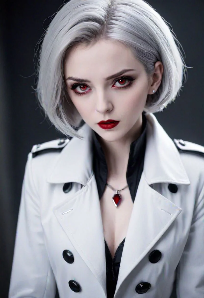 1girl, adult, solo, vampire, pale skin, red eyes,pale lips, short grey hair, dark background, detailed, wide shooting angle, white coat, pointy ears, piercing, upper body