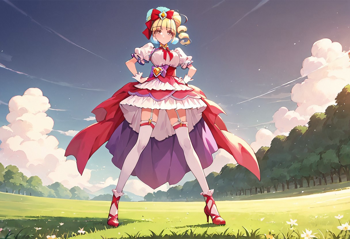curemacherie, high heels, garter straps, thighhighs, outside,  score_9, score_8_up, score_7_up, ,source_anime, best quality, masterpiece,   , full body view ,collarbone ,  1girl , solo , girl focus, large breasts,  score_9, score_8_up, score_7_up, ,source_anime, best quality, masterpiece, , garter straps , 1girl , solo , girl focus,, full body view, facing viewer, hands on hips, low angle view, standing, outside , day, field,