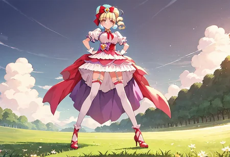 curemacherie, high heels, garter straps, thighhighs, outside,  score_9, score_8_up, score_7_up, ,source_anime, best quality, masterpiece,   , full body view ,collarbone ,  1girl , solo , girl focus, large breasts,  score_9, score_8_up, score_7_up, ,source_anime, best quality, masterpiece, , garter straps , 1girl , solo , girl focus,, full body view, facing viewer, hands on hips, low angle view, standing, outside , day, field,