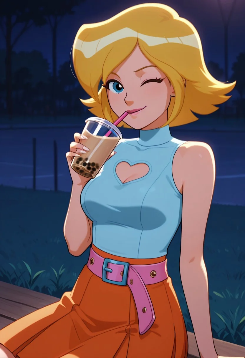 masterpiece, best quality, good quality, 1woman, solo, cartoon, totally_spies_2k24, cl0ver, blonde hair, blue eyes, cyan shirt, sleeveless, turtleneck, heart cutout, orange skirt, pink belt, sexy, large breasts, cleavage, beautiful, detailed, high detailed, very beautiful, detailed face, detailed eyes, detailed hand, white fingernails, long nails, neon, dark lighting, outside, in the park, night, wink, winking, sitting, drink, drinking bubble tea, looking at viewer