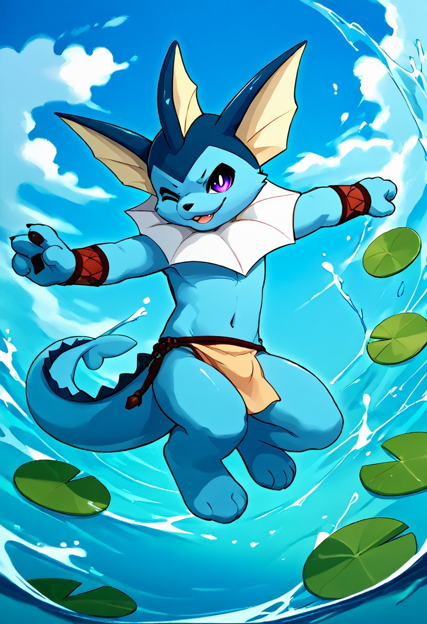 score_9, score_8_up, score_7_up, score_6_up, score_5_up, score_4_up, source_furry, source_anime, BREAK, anthro vaporeon boy   jumping out of thewater amid green lily pads, blue water, (( winking, one arm raised with a spear)),(, tribal outfit,leather loincloth, tribal, red tribal markings, red tribal paint, tribal jewlery,leather straps, leather bracers),VaporeonPXL, anthro,((male)), (1boy), slim male, blue body, purple eyes, tail, male focus,looking at viewer,full body,furry, no human,illustration,  action pose, water background, lake, Kemono, seth-iova,zPDXL3, rating_safe, water, lilypad, outdoors, pokemon (ceature), vaporeon, multicolored background, aura, thick multicolored outline
