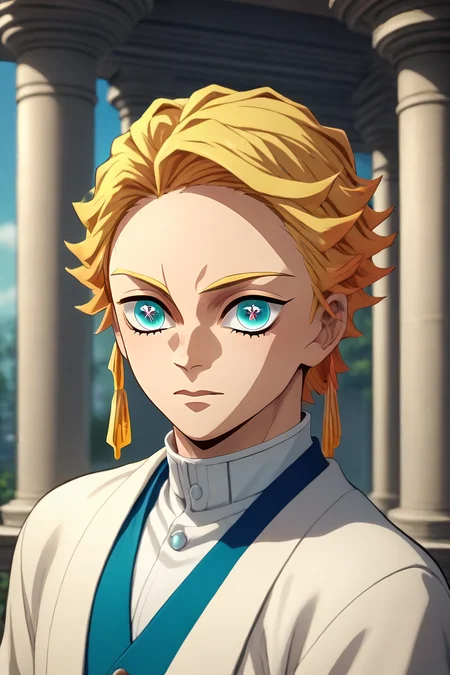 score_9, score_8_up, score_7_up, source_anime, intricate details, (3d:0.4), looking at viewer, , depth of field, 1boy, male focus, aquamarine eyes, honey blonde hair,, solo, Column, <lora:kimetsu_no_yaiba_style_pony:0.84>, kimetsu_no_yaiba_style, <lora:sdxl_lightning_8step_lora:1>,