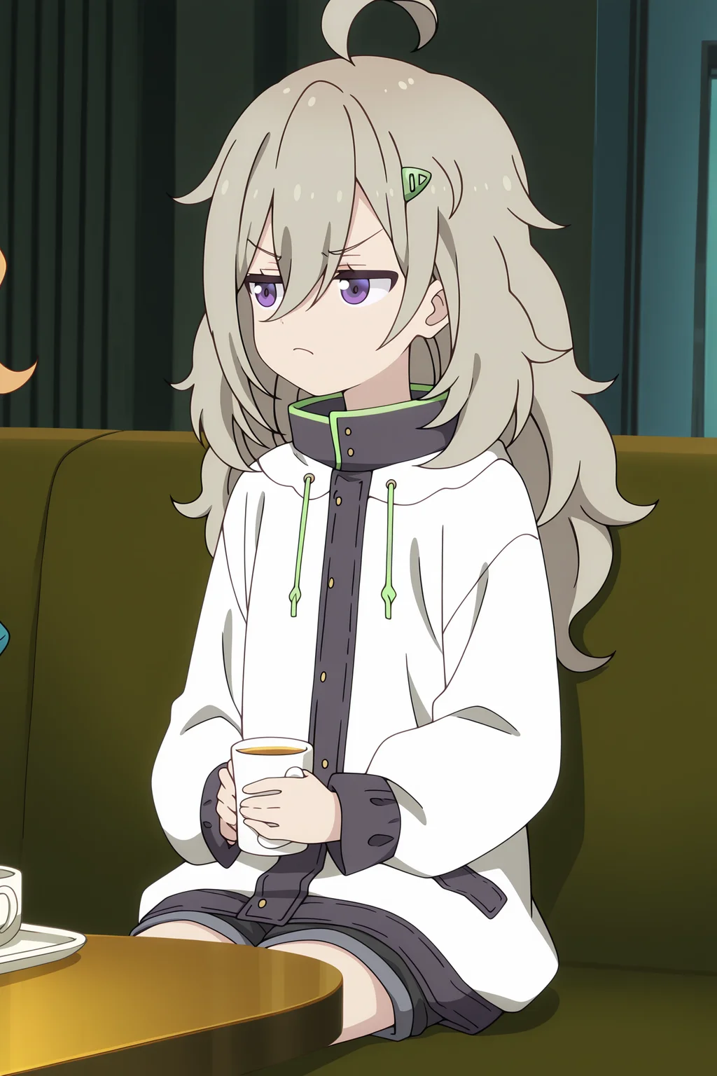 volumetric lighting, official style, amazing quality, ultra detailed, highres, detailed background, anime screenshot, anime screencap, anime coloring, masterpiece, detailed face,1girl <lora:Tsutsuji_Higa__-25:0.9> Tsutsuji_Higa, Tsutsuji_Higa(Outfit 2), purple eyes, ahoge, hair ornament, sitting, long hair, hair between eyes, white and black jacket with green trim, cup, holding, holding cup, closed mouth, black shorts, solo focus, puffy long sleeves, hairclip, bangs, long sleeves, puffy sleeves, hood, looking away, grey hair, annoyed expression, mug