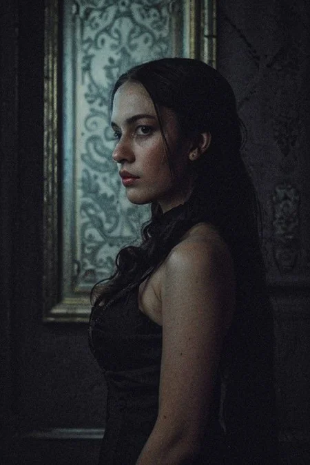 Masterpiece, portrait medium shoot of a beautiful woman standing within the dimly lit halls of a dark castle during a mysterious night party. Illuminate the scene with a faint light, highlighting her hair and nose, adding to the enchanting atmosphere. Incorporate eerie and damp elements, along with subtle contrasts, to evoke a sense of mystery. Enhance the Victorian-style surroundings with old master paintings hanging on the walls, Capture the essence of glamour and intrigue within the enigmatic castle setting, lowkey DV_Vicky_Vicious